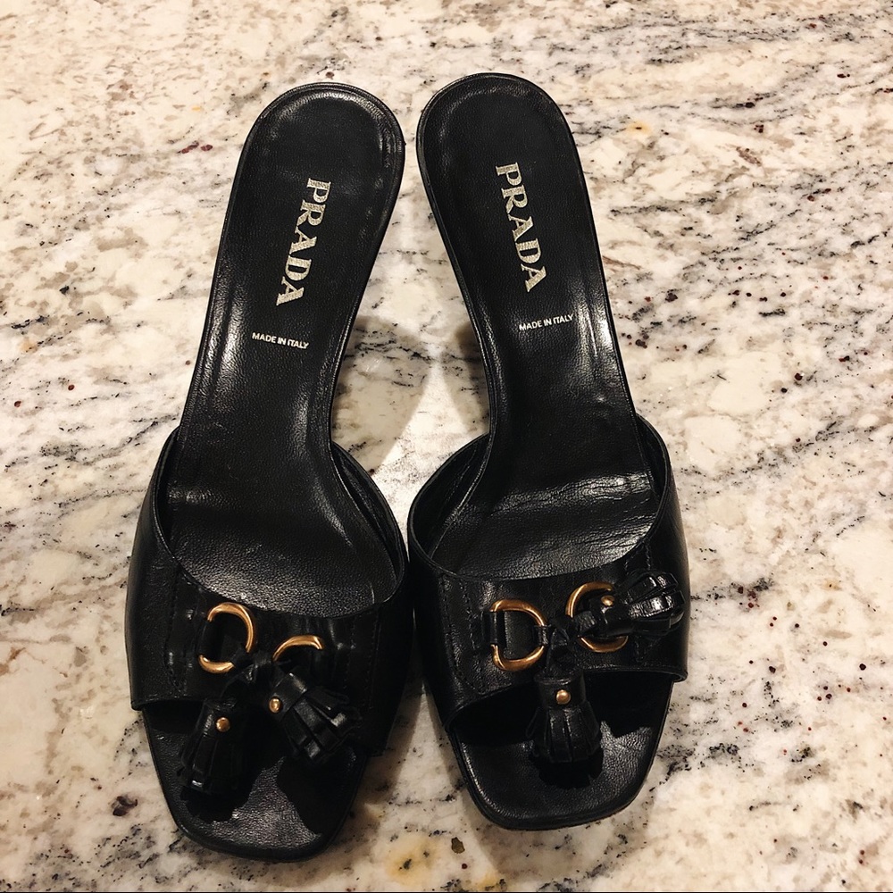 PRADA Leather Tassel Heels Slide Sandals 37.5